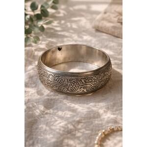 Floral Etched Silver Tone Cuff Bracelet Wide Boho Lightweight